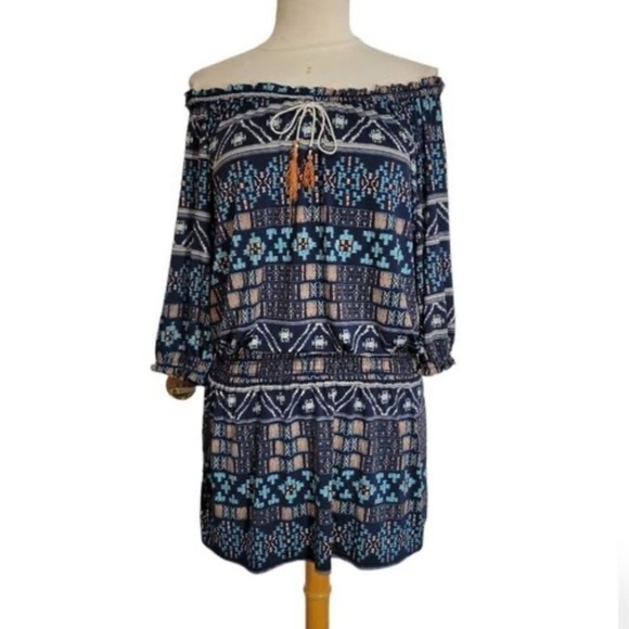 MISA Revolve Poppy Navy Aztec Off the Shoulder Dress - Picture 4 of 13